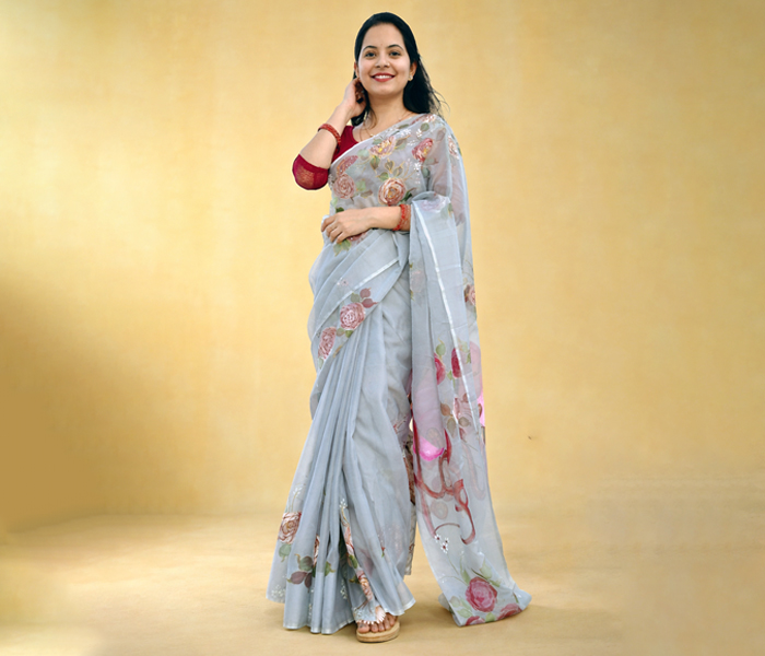 Custom Name Hand Painted Grey Saree with Elegant Floral Art